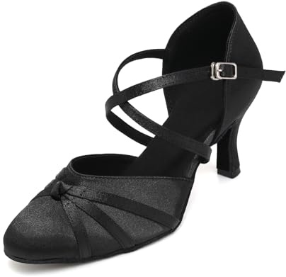 GYUBL Ballroom Salsa Dance Shoes for Women Latin Satin Closed Toe Dancing Heels 3 Inch Heel Suede Sole, Black, 8 US