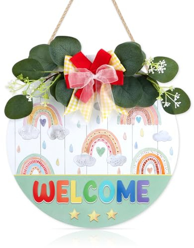CHDITB 3D Rainbow Welcome Sign Wreaths for Front Door,Welcome Door Sign Wreath for Kid Room Decor