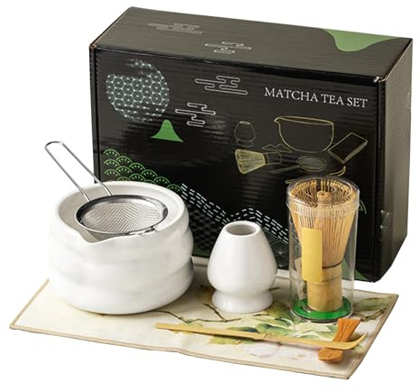 Set of 7 Matcha Tea Set with Whisk and Bowl Matcha Kit for Ceremony Matcha Whisk, Gift for Matcha Lover(White)