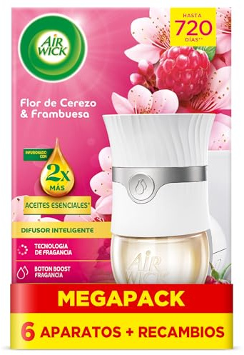 Air Wick Eléctrico Aparato y recambio de ambientador automático eléctrico, con aroma a Flor de Cerezo & Frambuesa - 6 Aparatos + 6 Recambios, El embalaje puede variar