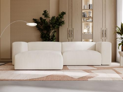 GRAINGOLD Landi Ecksofa 248x180 cm, L-Form Sofa, Ecksofa für Wohnzimmer, Cord Stoff, 4-Sitzer Eckcouch, Modernes Design (Creme, Links)