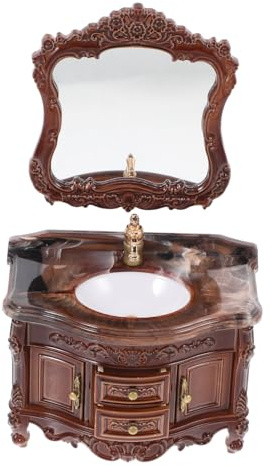 Veemoon 1 Set Miniature Vintage Dollhouse Bathroom Sink with Wall Mirror Functional Wash Basin Cabinet for Dollhouse Furniture for Creative Play and Scene Layout