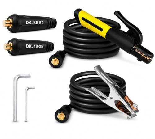 SSIMDER Electrode Holder with Cable & Ground Clamp Set, 600A Stick Welder Stinger with Dinse 10-25 & 35-50 Plug, Heavy Duty ARC Welding for Home, Garage & Automotive | Dinse 10-25 & 35-50 Plug, 600A Heavy Duty, Copper Alloy Jaw, Insulated Handle, ARC Welding Stinger, Home Garage Auto Repair