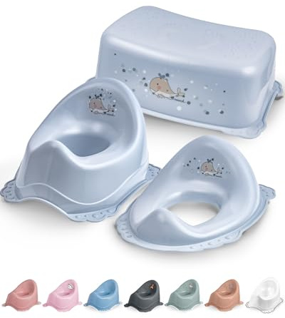 DOCARI Kinder Töpfchen Set 3 in 1 ab 1 Jahr blau Wal – Töpfchenset Jungen Mädchen stabil rutschfest und hygienisch - Ideal fürs Töpfchentraining: Lerntöpfchen Toilettenaufsatz Hocker
