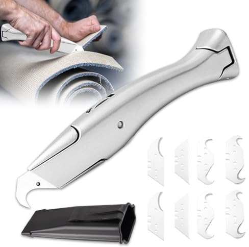 Cuchillo para alfombras, cuchillo de gancho, cuchillo universal, hoja de gancho con hoja trapezoidal, cuchillas de ganchos, maletín de plástico, ideal para cortar revestimientos de suelo de PVC