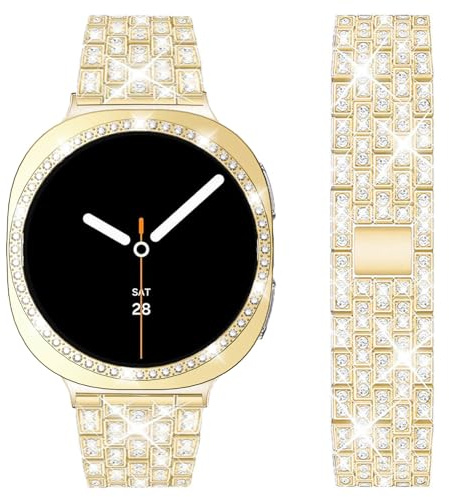 DEALELE Band och fodral kompatibla med Samsung Galaxy Watch 8 44 mm, bling strass diamant metallarmband med glänsande skyddande fodral, ersättning för kvinnor och män (44 mm, guld)