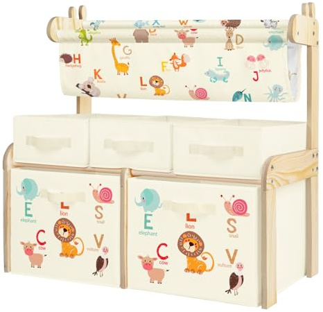 alldomess Kinderregal, Spielzeugregal, Bücherregal Kinder mit 5 Aufbewahrungsboxen 1 Hängefächern,3 Ebenen Kinderschrank Holz für Kinderzimmer, Spielzimmer，Klassenzimmer,Tiere