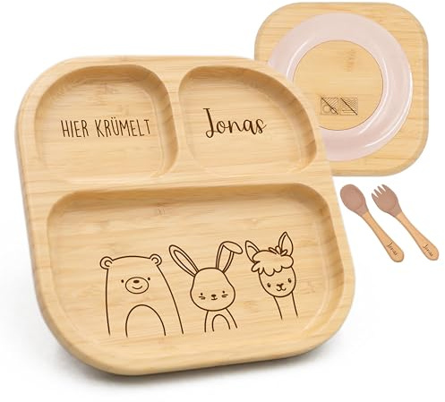 Kidsmood - Kinderteller mit Saugnapf inkl. Baby Besteck mit Namen – Teller für Kleinkinder, rutschfest – Beikost Baby Zubehör, personalisierte Geschenke zur Geburt, Taufgeschenke Jungen & Mädchen