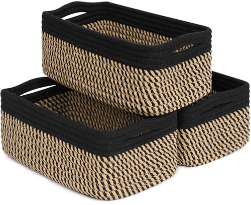 TIMEYARD 3er Set Aufbewahrungskorb Geflochten 28x18x11cm Schwarz & Jute