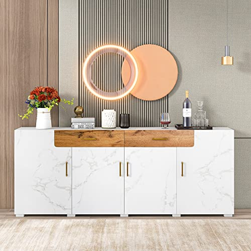 Oslghy Sideboard, Buffetschrank Kommode, Breit Küchenschrank mit Türen mit Marmormuster und Schubladen aus Eichenholz, Eingangsschrank Vitrine für Schlafzimmer und Wohnzimmer, 208×39.5×80 cm (White)