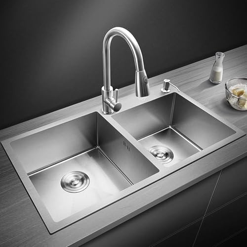 GLFNB Évier de Cuisine carré à Double cuve Extra Large (Acier Inoxydable) Installation encastrée de qualité supérieure au-Dessus ou sous Le comptoir Évier ménager argenté Compatible Lave-Vaisselle