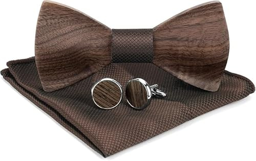 Alriedy Holzfliege Herren,Braune Fliege,Fliege Braun & Anzug Set Mit Einstecktuch Manschettenknöpfe Walnussholz Hochzeit Geschenkbox