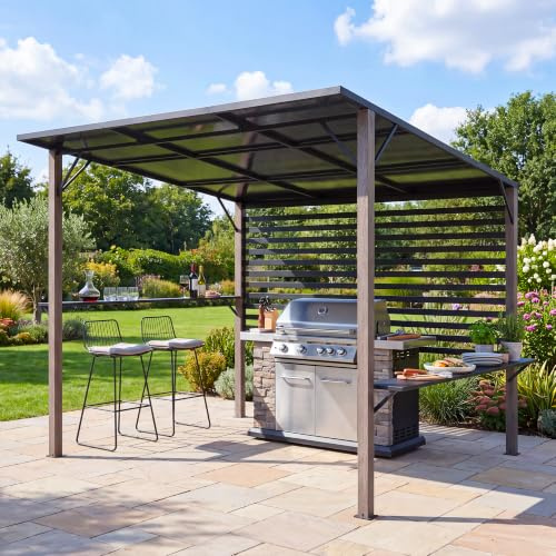 SUNJOY Pergola d'Extérieur 282 x 252 cm avec Deux Tablettes Réglables, Paravents, Toit en Polycarbonate, Structure Métallique Acier, Abri pour Spa, Terrasse, Jardin
