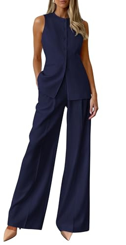 PRETTYGARDEN Women's 2 Piece Sets Business Casual Outfits,Navy Blue,M | Sleeveless Vest Tops, Wide Leg Pants, Pantsuits with Pockets, Button-Front, Work Office Wear, Matching Sets Women Clothing