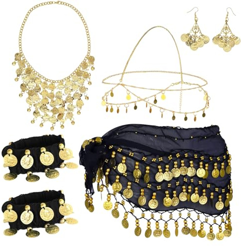 Bauchtanz Accessoires Damen Set, Münztuch Schwarz goldmünzen Bauchtanz Rock mit Goldmünzen Ohrringe, Halskette, Armbänder und kopfschmuck, für Bauchtanz Kostüm für Carnival, Mottoparty