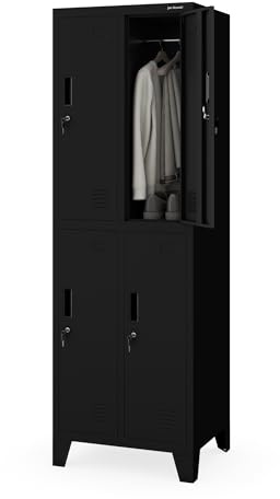 Jan Nowak Umkleideschrank Spindschrank Metall, 4 Fächer, abschließbar | Schließfachschrank Personalspind für 4 Nutzer, Kleiderstangen, Lüftung, Namensschildhalter, Stahl, 172x56x45 cm