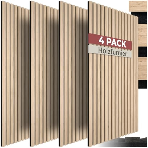 tectake® Akustikpaneele Echtholzfurnier 4er Set, effektiver Schallschutz, MDF Wandpaneele, Schallschutzpaneele, Akustikplatten, Schalldämmung, Schallabsorber, Wandverkleidung - Eiche hell