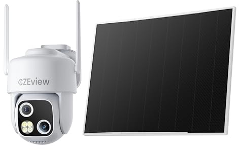 CZEview 3K Überwachungskamera Aussen Solar Akku, 2,4 GHz WLAN Kamera Outdoor mit Dual-Objektiv, 18x Auto-Zoom, 24/7 Kontinuierliche Aufzeichnung, Automatische Verfolgung