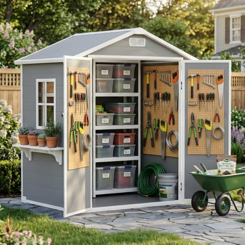 AIRAJ 6x4FT Gartenhaus für den Außenbereich,Mit Boden,Allwetter-Harzmaterial,Mit Fenstern und abschließbaren Türen,Wasserdichter Geräteschuppen aus Kunststoff,Mit Belüftung,für Garten, Terrasse & Pool