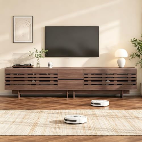 ZKLOEP Mueble bajo para TV, 200 x 39,5 x 55 cm, moderno, 4 puertas batientes, 2 cajones, 6 estantes, para televisores de hasta 80 pulgadas, adecuado para salón, dormitorio, color nogal, nogal