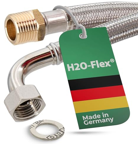H2O-Flex® Flexschlauch 1/2 Außengewinde x 1/2 Überwurfmutter Bogen, 20cm | Panzerschlauch DN13 mit Trinkwasserzulassung, Edelstahl-Geflecht, Inliner HDPE, PN10, druckfest, knickstabil und langlebig