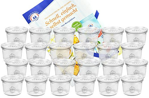 MamboCat 24er Set Weckgläser Sturzglas mit Deckel 80 ml I Original Weck Sturzglas Dessertglas I Einweckgläser mit Deckel für Kuchen Gelees UVM I inkl. Diamant-Zucker Gelierzauber Rezeptheft