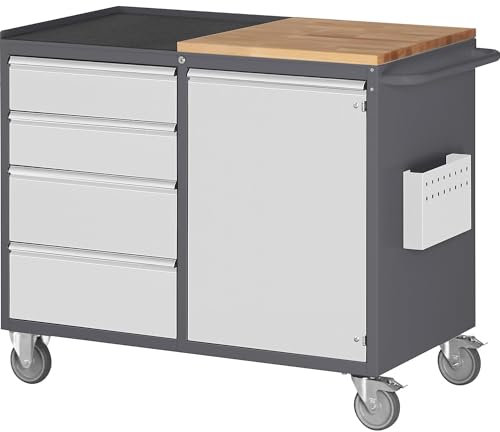 RAU | Kompaktwerkbänke | fahrbar | 4 Schubladen | 1 Tür | Arbeitsfläche Holz/Metall | anthrazit/lichtgrau