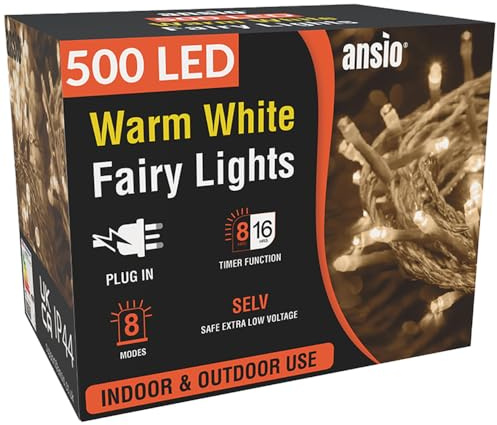 ANSIO Christmas Lights 500 LED 50m, Warm White, Timer, Mains Clear Cable | Fairy String Lights for Indoor & Outdoor, Christmas Tree Lights for Garden, Bedroom, Party & Xmas Decorations, 50m/164ft