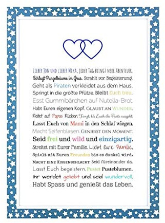 Geschenk Geburt Zwillinge - Personalisiertes Bild mit Rahmen für Babies und Neugeborene - Geschenkidee z.B. als Gastgeschenk zur Geburt - Variante für 2 Jungs, Kunstdruck, DIN A4