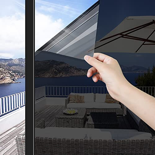 ConCus-T One Way Window Film Window Tint Sun Blocking Window Privacy Film Anti-UV Solar Film Heat Control Window Film Mirror Tint Home Office Static Cling, Black Silver 23.62 Inch x 6.5 Feet