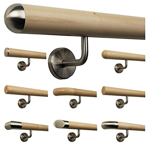 Corrimano in acero per scale, manico in legno ad angolo, supporto in acciaio inox, lunghezza 30-500 cm da un unico pezzo/variante: 80 cm con 2 supporti, tappo semicircolare in acciaio inox