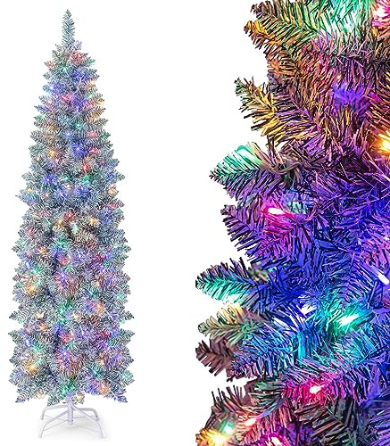 COSTWAY 5FT/6FT Pre-Lit Artificial Christmas Tree, Slim Pencil Xmas Tree with Branch Tips and LED Lights, Xmas Holiday Office Home Decor (180 cm, Green+White)