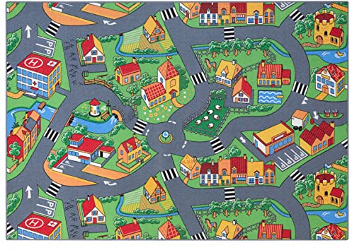 Carpet Studio Teppich Kinderzimmer 95x200cm, Kinderteppich, Spielteppich Straße Jungen & Mädchen, Teppiche für Babyzimmer, Schlafzimmer & Spielzimmer, Antirutsch, 30°C waschbar - Little Village