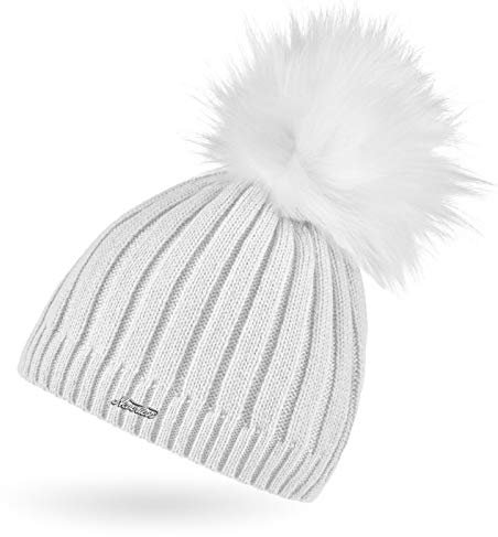 Neverless® Damen Strick-Mütze gefüttert Fell-Bommel Kunstfell Bommelmütze Fleece-Innenfutter weiß