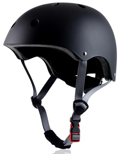 OUWOR Youth Skateboard Bike Helmet for Boy and Girl, Lightweight Adjustable, Multi-Sport for Bicycle Skate Scooter (Black, Medium)