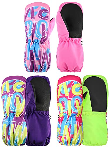 Geyoga 3 Pairs Kids Thicken Snow Mitten Winter Gloves Waterproof Warm Ski Mitten Toddler Boys Girls (Fluorescent Green, Pink, Purple,5-10 Years)