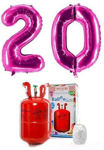 Party Factory – Helium Gasflasche 200L im Set mit XXL Zahlenballon 20 Pink – Partydeko Ballongas Flasche mit Folienballon & 40 m weißer Ballonschnur – Einwegflaschen mit Knick-Füllventil