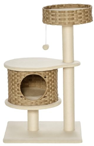PawHut Albero Tiragraffi per Gatti Adulti e Gattini da 95cm, Cuccia e Casetta per Gatti in Rattan e Pali in Sisal, Pallina e Rivestimento Peluche 55x47x95cm