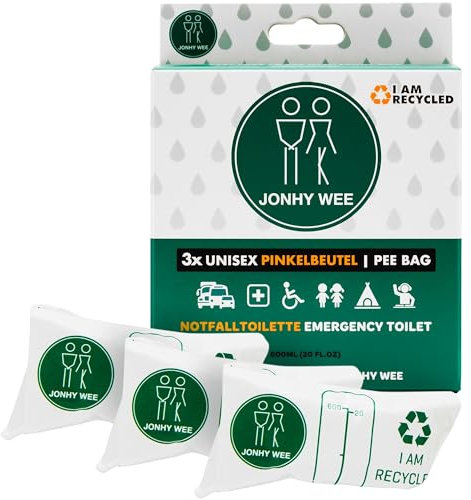 Jonhy Wee Pinkelbeutel Taschen-WC für Unterwegs 600ml 3 Stück - Notfall Toilette WC für Frauen, Kinder, Männer - Reisetoilette Auto - Camping Festival Toilette Frauen Urinal Unterwegs Urinbeutel