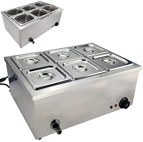 Commercial Bain Marie Food Warmer with 6 Pots, 1500W Electric Buffet Server Wet Heat Food Warmer with Lid, Adjustable Temperature Button, Drain Tap, Stainless Steel