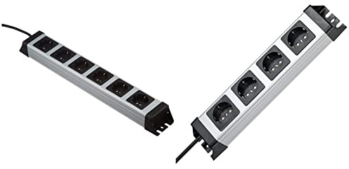Kopp Powerversal Steckdosenleiste, 6-Fach, IP 20, 1,4 m Zuleitung, 226720018 & Powerversal Steckdosenleiste 4-Fach, 1,40 m Zuleitung, 3600W/16A, 90° gedrehte Anschlüsse, Silber-Schwarz, 226120010
