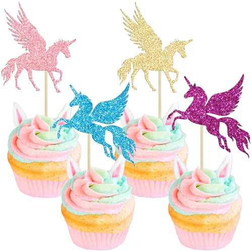 Gyufise 24Pcs Unicorn Cupcake Toppers Wing Unicorn Colorful Glitter Unicorn Horn Cupcake Picks for Baby Shower Birthday Wedding Engagement Party Cake Decorations Supplies