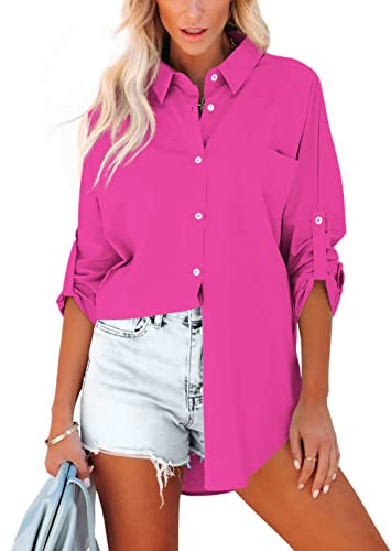 Homlan Bluse Damen Baumwolle Langarm Roll Up Elegant Oberteile Lässige Hemden Knöpfleiste Einfarbig Langarmshirt Tunika Hemdbluse Mit Brusttaschen