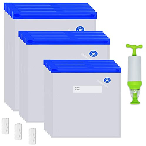 Mantianstar Lot de 30 sacs sous vide réutilisables, avec 3 tailles de sacs alimentaires sous vide, 1 pompe manuelle, 3 clips d'étanchéité pour le stockage des aliments et la cuisson sous vide