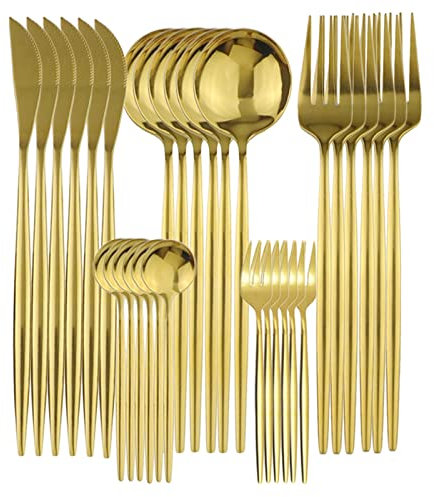Set di posate da tavola in oro rosa da 30 pezzi, posate a specchio, posate da tavola in acciaio inossidabile, coltello da cucina, cucchiaio, posate occidentali (Color : Gold)