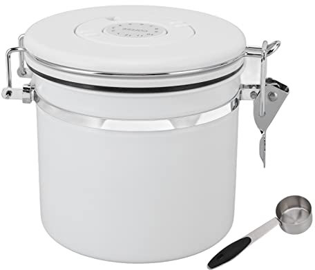 Boîte à Café de 1,2 L, Récipient Hermétique en Acier Inoxydable Avec Suivi de la Date et Cuillère pour Moudre le Café/les Grains/le Thé/la Farine/les Céréales/le Sucre pour un Usage Domestique(Blanc)