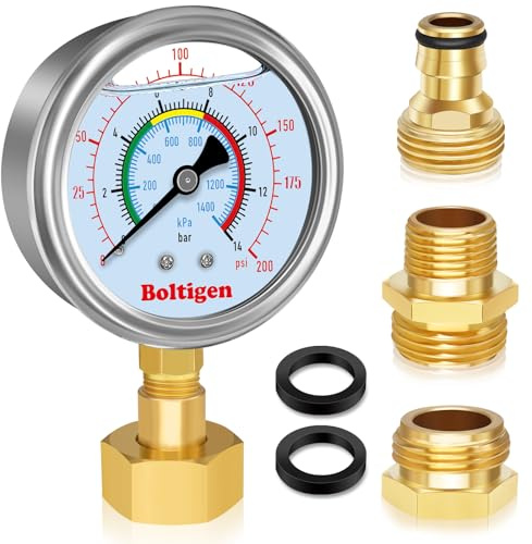 Water Pressure Gauge, 0-200 Psi Pressure Gauge Filled with Oil, 3/4 GHT Female Thread Water Pressure Test Gauge with 3 Adapters,for Home, Industrial, Garden Multiple Locations Pressure Test