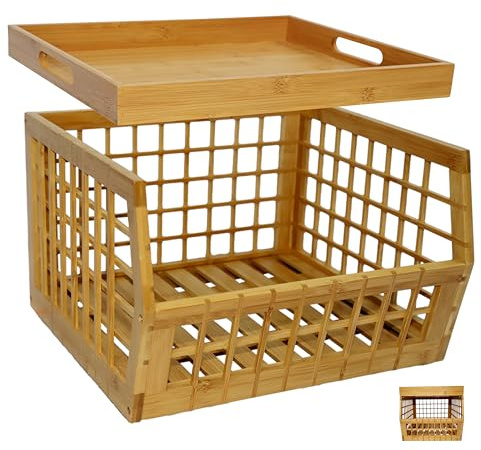 altCooking Hub Bamboo Storage Bin - Multipurpose, Stackable Open Front Storage Bin with Bamboo Serving Tray Lid for Kitchen & Pantry - Stylish Lattice Design