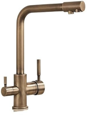 Gerrit Brushed Nickel Kitchen Faucet, Drinking Water Tap, Deck Mounted, Dual Handles, 3-Way Hot Cold Water Mixer, Antique Brass