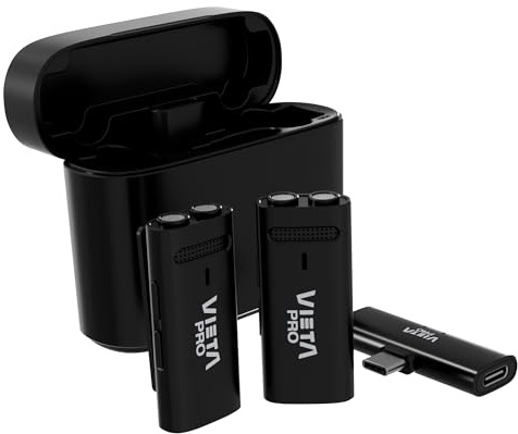 Vieta Pro Dos Micrófonos ENC Inalámbricos con Pinza, Caja de Carga y 10H de Batería. Tipo Lavalier con Cancelación de Ruido USB-C y Lightning, Micro de Solapa | Podcast Vlogs Influencer Negro